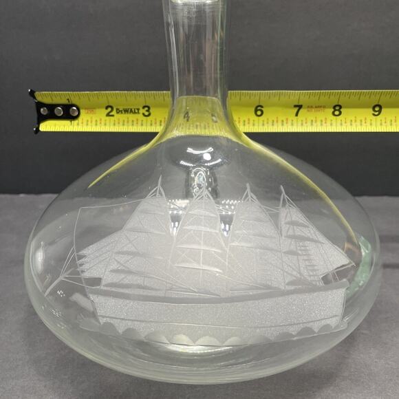 Glass Decanter & 2 Rocks Glasses w/Etched Sailing Ship Frosted White Nautical - Picture 5 of 8